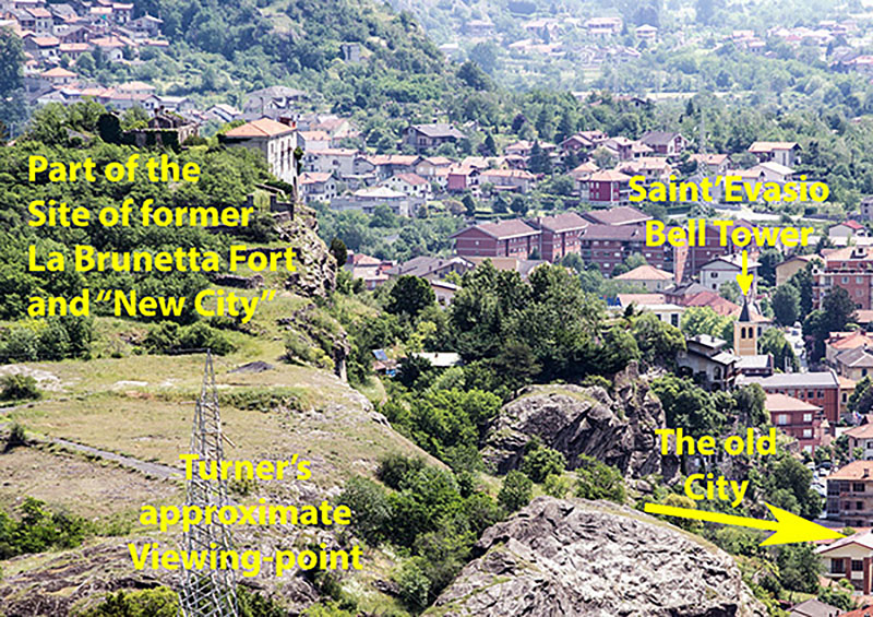 Annotated View from just to the NW of Susa, showing Turner's most likely viewpoint for his painting
